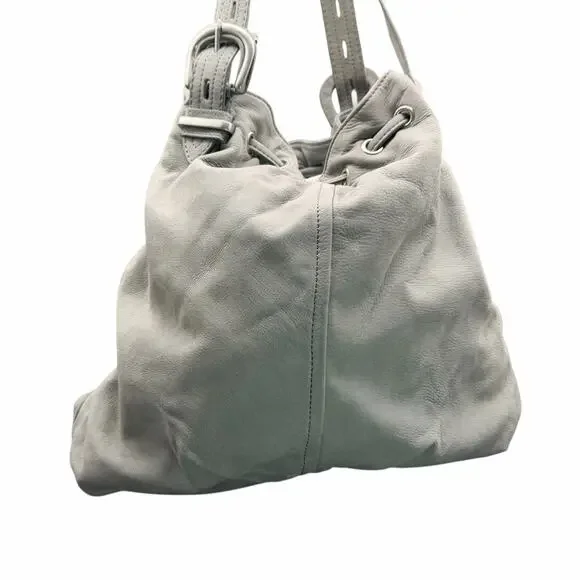 Ann Taylor LOFT Gray Leather Drawstring Shoulder Bag Tassel Slouchy Tote - Picture 2 of 13